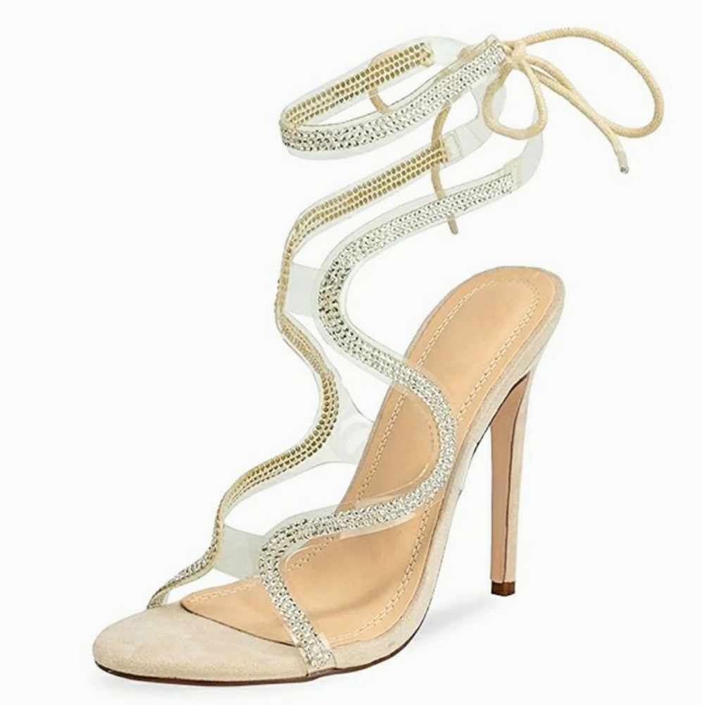 CHASE+CHOLE Nude/ Clear  Bling Tie Up Open Toe Womens Stiletto Heels